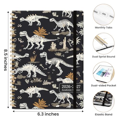 Planner 2026-2027, Academic Planner Weekly and Monthly, Jul 2026 - Jun 2027, Spiral Bound School Planning Tool with Tabs and Pocket, Perfect for Students & Teacher, 6.3" x 8.5", Dino Fossils - color: Q-Dino Fossils, size: 6.3"x8.5" (A5)