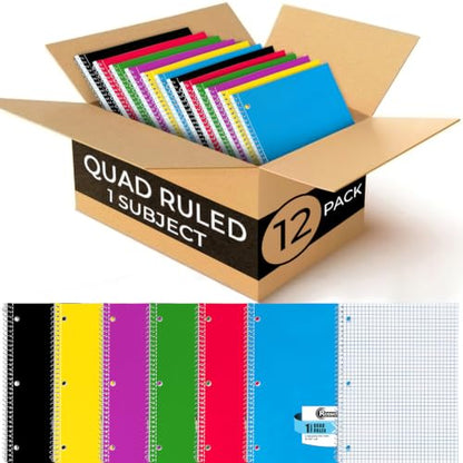 Rosmonde 1 Subject Graph Paper Spiral Notebook, 12 Pack, 70 Sheets | Bulk 4x4 Spiral Bound Grid Notebooks, 8 x 10-1/2", 3 Hole Punched, Single Subject Quad Ruled Spiral Notebooks for School - size: 12 Pack