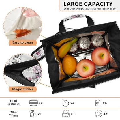 MNSRUU Insulated Lunch Bags Women Men, Halloween Skull Flowers and Pink Cherries Portable Reusable Thermal Meal Tote Cooler Bag Organizer, Adjustable Shoulder Strap, Handle - color: Skulls 084