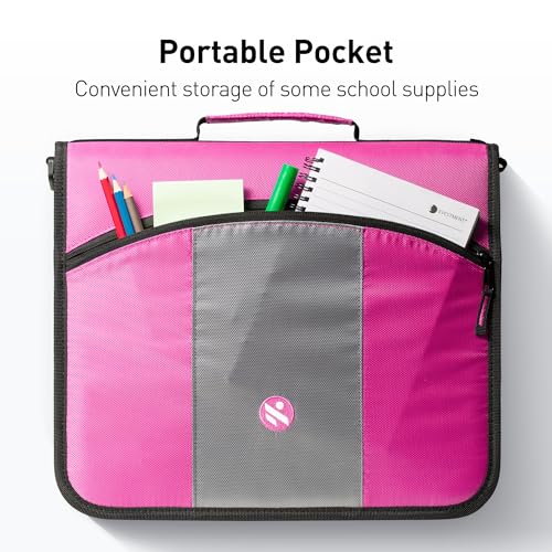 3-Inch Zipper Binder, 3 Rings Binder with Expanding File and Shoulder Strap, Rose - color: Rose