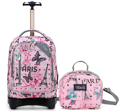 NEW TILAMI 18 inch Rolling Backpack for Kids Waterproof, Adjustable Handle Stair Climbing, Large Storage for School, Travel, Girls & Boys, Pink Romantic Paris - color: Pink Romantic Paris