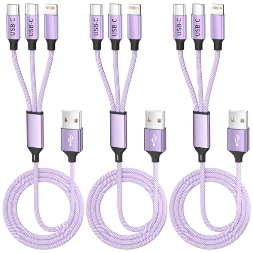 3Packs 4FT Multi Charging Cable with 2 USB-C/IP Port, Purple Charging Cords for Multiple Devices, USB C Splitter Cable, Multiple Charger Cord Travel Car Charger for iPhone17-8, Androids iPad and More