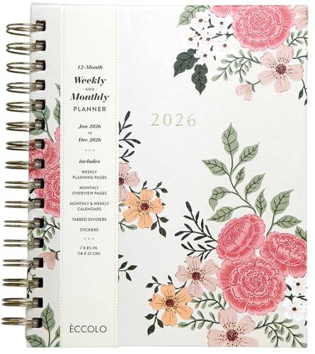 WORLD TRAVELER 2026 Planner Weekly & Monthly Hardcover Spiral Agenda | Hardcover Spiral Lay-Flat Binding, Weekly and Monthly Planning Pages, January to December 2026, 7x8.75 Compact Format - color: Multi/Floral