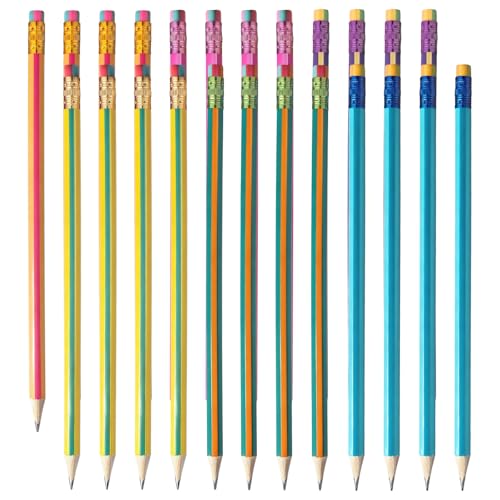 M&G Aurora Series 24 Pack 2B Triangular Wood-Cased Pencils, Pre-Sharpened with Erasers, Smooth Writing Break-Resistant Core, 6 Two-Tone Striped Colors for School Office Drawing Classroom Supplies