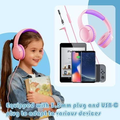 Kids Wired Headphones for School, Over-Ear Children's Headphones with Microphone, Foldable 85/94dB Volume Limited Headphones, 3.5mm & USB-C Compatible (Aqua Violet) - color: Aqua Violet