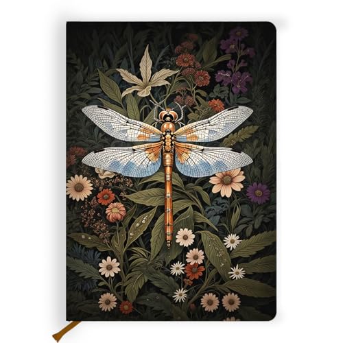 Pretty Leather Lined Journal Vintage Floral Dragonfly Notebook 200 Pages A5 Ruled Notebooks, Cottagecore Flower Plant Journal, Dragonfly Gifts for Womenfor, Perfect for Office School Home (5.8 x 8.3) - color: Multi 1720
