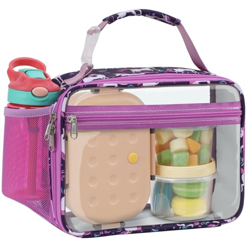 Bagseri Clear Kids Lunch Bag - School Snack Bag with Bottle Holder | Side Pocket, Buckle Handle, Wide Opening, PEVA Lining, School Girls Lunch Box, Clear Toy Bags, Purple Unicorn - color: A-deep purple unicorn