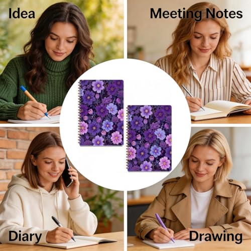 2 Pcs Purple Flower Spiral Notebook, Flower Gifts College Ruled Spiral Notebook, Purple Themed Notebooks, 160 Ruled Pages Hardcover Journals for Writing Office, Flowers Lover Gifts - color: Multicolour 0028