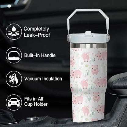 Queen Hero 30 oz Pig Tumbler with Handle, Large Insulated Tumbler with Flip & Straw Coffee Mug Cup Stainless Steel Gifts for Women Men Youth - color: Pig