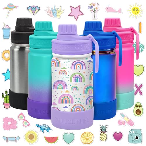 CHILLOUT LIFE 12oz Kids Insulated Stainless Steel Water Bottle with Leak Proof Spout Lid & 144 Stickers - color: Rainbows, style: 12 oz