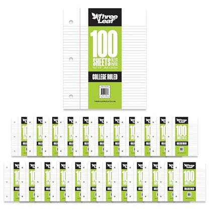 THREE LEAF 100 SHEETS COLLEGE RULED FILLER PAPER, PACK OF 24, LOOSE-LEAF SHEETS FOR SCHOOL AND OFFICE 100 CT. FILLER PAPER, NOTEBOOK PAPER - color: College Ruled, size: Pack of 24