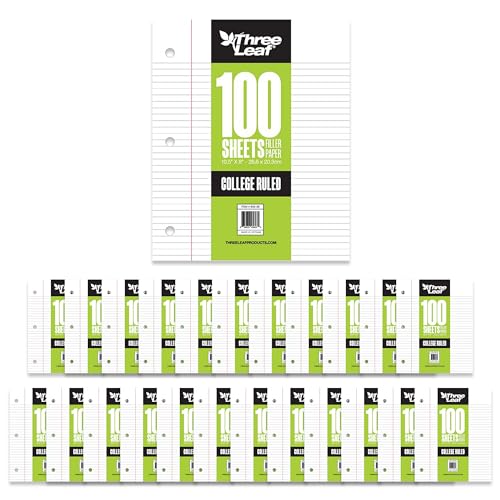 THREE LEAF 100 SHEETS COLLEGE RULED FILLER PAPER, PACK OF 24, LOOSE-LEAF SHEETS FOR SCHOOL AND OFFICE 100 CT. FILLER PAPER, NOTEBOOK PAPER - color: College Ruled, size: Pack of 24