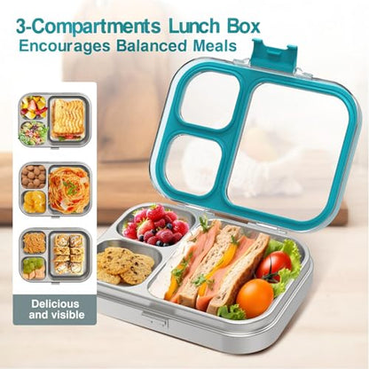 HOMEKOL Stainless Steel Bento Lunch Box, Blue, 3.3Cups | 3-Compartment,Leak-Proof, for Kids & Adults, BPA-Free, Dishwasher Safe, Clear Tritan Lid, 800ml (Not Insulated) - color: Blue, size: 27oz (800ml)