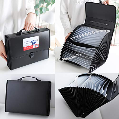 FANWU 26 Pockets Expanding File Accordion Folder with Handle - Letter A4 Paper Size - Expandable Large Plastic File Folder Wallet Monthly Portable Document Organizer with Flap & Buckle (Black)