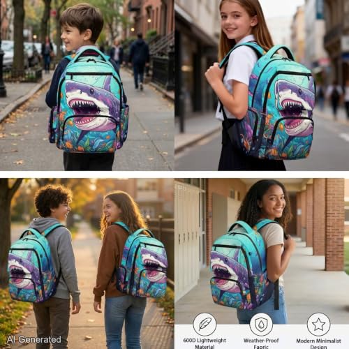Cartoon Shark Backpack for Boys Kids Backpack with Lunch Box Water Bottle Holder and Soft Pencil Case 4 Pcs Set 17 inch Sturdy Bookbag with Front Pocket for School Lightweight School Bag - color: Cartoon Shark