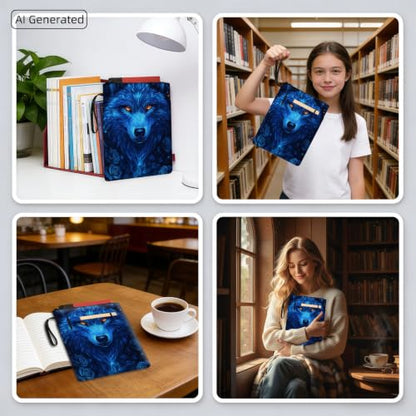 Padded Book Sleeve with Zipper & Front Pocket, Fabric Book Cover | Ice Blue Wolf Rose Flowers11.4"x8.7" Washable Canvas Pouch for Hardcovers, Tablets & Reading Accessories - color: Ice Blue Wolf Rose Flowers