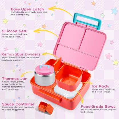 Bento Lunch Box for Kids with 8oz Soup Thermo Leak-Proof Lunch Food Containers with Snack Sauce Container for Kid Girls Boys to School,Pink Bag - color: Pink Bag