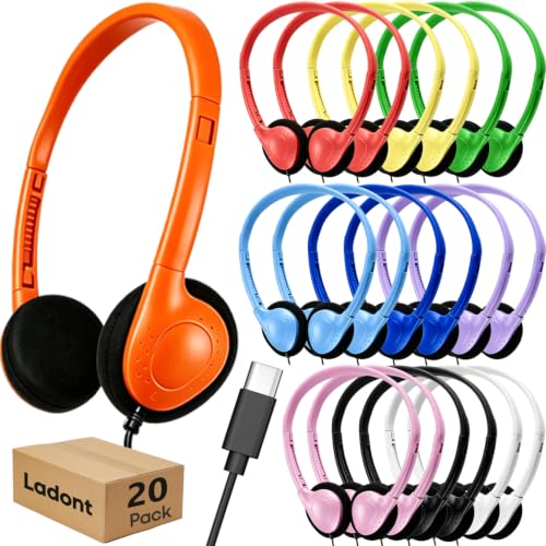 Class Set Headphones Type-C (20 Pack), Durable Kids Wired Headphones for Chromebook & Laptop, Bulk School Headphones for Students Teens Boys Girls, Wholesale USB C Headset with Mixed Colors - color: USB-C Plug, size: 20 Pack