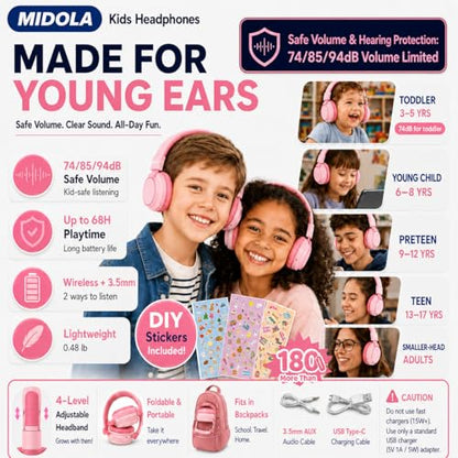 MIDOLA Kids Bluetooth Headphones 68H Play Time,Volume Limit 85/94dB, Foldable Lightweight Wireless Over-Ear Headphone for Toddler Kid Child Pad,Headsets with Aux Built-in Mic Pink - color: Pink