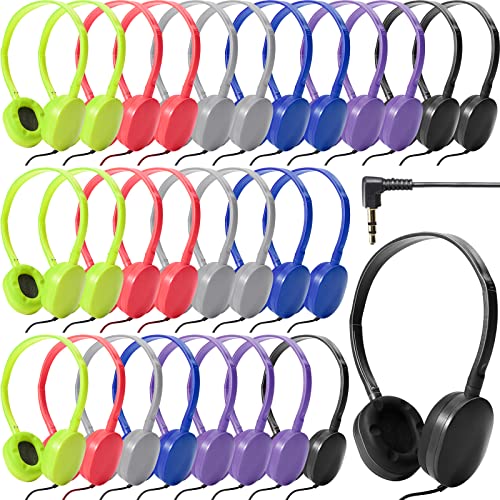 Kanayu 30 Pack Wired Headphones, Adjustable On Ear Headphones, Kids Headphones with Stereo, Children Headphones Earbuds for Kids, Boys, Girls, Schools, Laptop, Travel, Plane, Tablet(Bright Colors) - color: Bright Colors