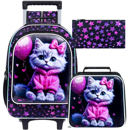 WZLVO 3PCS Wheeled Backpack, 18" Sparkling Cat Print Girls Rolling Backpack, Includes Matching Lunch Bag & Pencil Bag - Cat in Pink Dress (Purple) - color: 3PCS Girls Rolling Backpack - Cat in Pink Dress