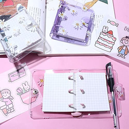 Leadigol 4PCS Mini Transparent 3 Ring Binder Covers with Inner Paper, Daisy Pattern, Soft PVC Notebook Loose Leaf Binder