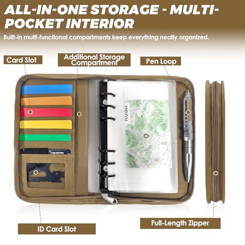 Tactical Notebook Cover, A6 Padfolio 6 Ring Binder with Big Back Pocket & Hand Strap, Zippered Hardcase Planner for Journal, College, Office, Field (Khaki, A6(5.5 x 8.5 inches)) - color: Khaki, size: A6