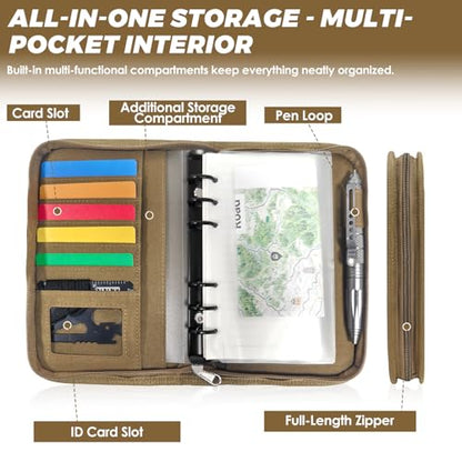 Tactical Notebook Cover, A6 Padfolio 6 Ring Binder with Big Back Pocket & Hand Strap, Zippered Hardcase Planner for Journal, College, Office, Field (Khaki, A6(5.5 x 8.5 inches)) - color: Khaki, size: A6