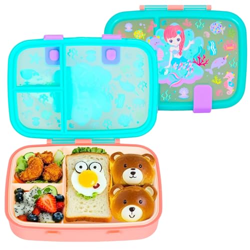 Cute Cartoon Bento Lunch Box for Kids, 800ml/27oz BPA-Free Leak-Proof Food Containers with 3 Compartments, Dishwasher Safe, Back to School Students Lunches Size for Ages 3-7 - color: B27. Mermaid