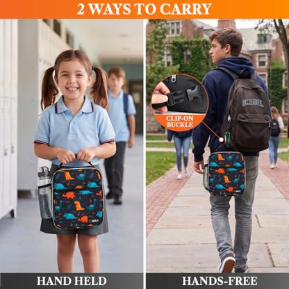 opux Insulated Lunch Bag for Kids Boys Girls, Small Compact Lunch Box with Wide Opening & Mesh Pockets, Reusable Lunch Pail for School, Work, Adults, Men, Women, Dinosaur - color: Dinosaur