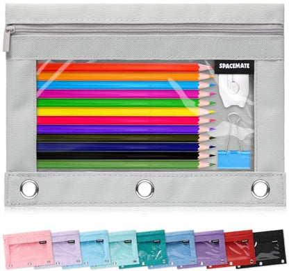 SPACEMATE Binder Pencil Pouch Case Box Bag for 3 Ring Binder School Supplies Girls Boys Kids, Clear Preppy Stuff Large Aesthetic Pen Organizer, Back to College Stationary, 1 Pack, Gray - color: Gray