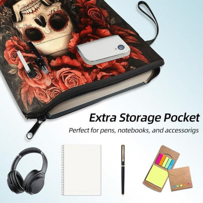 Padded Book Sleeve with Zipper & Front Pocket, Fabric Book Cover | Gothic Red Rose Skull Bone11.4"x8.7" Washable Canvas Pouch for Hardcovers, Tablets & Reading Accessories - color: Gothic Red Rose Skull Bone