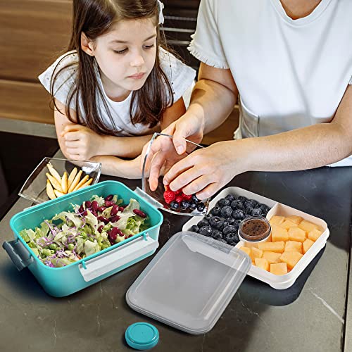 3 Pack Salad Lunch Box Food Storage Containers, 47oz Bento Box To Go Container with Lids, Meal Prep Containers with Removable Tray & Dressing Pots for Kids and Adults, Reusable and Microwave Safe - color: Blue & Blue & Blue