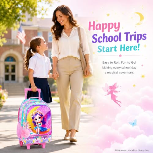 3PCS Kids Rolling Backpack, Girls Roller Wheels Bookbag, Wheeled Elementary School Bag with Lunch Bag - Mermaid - color: Moon Xn Zifa Roller
