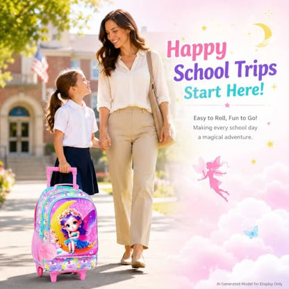 3PCS Kids Rolling Backpack, Girls Roller Wheels Bookbag, Wheeled Elementary School Bag with Lunch Bag - Mermaid - color: Moon Xn Zifa Roller
