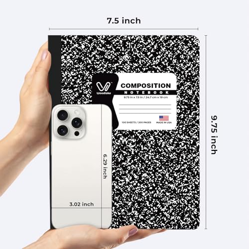 Woodlake Black Marble Composition Notebooks 4 Pack – 100 Sheets Wide Ruled 9.75" x 7.5", Sturdy Sewn Binding for School, College, Office Acid-Free Heavyweight Paper 200 Pages Made in USA - size: WIDE RULED-4 PACK