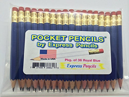 Golf Pencils with Eraser - Half, Pew, Short, Mini, Small, Non Toxic - Hexagon, Sharpened, #2 Pencil, Color - Royal Blue, Pkg of 36 Pocket Pencils™