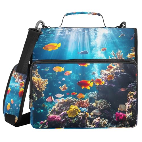 3 Ring Zipper Binder with Shoulder Strap Underwater Fish Ocean Nautical Coastal 2 Inch Zippered Binder Bag 500 Sheet Capacity Multi Pockets for School Supplies - color: Multi26