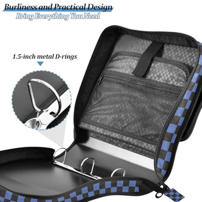 Navy Black Checkered Binder Bag 3 Ring Zipper Binders with Shoulder Strap for School Office Organizer Storage - color: Q018