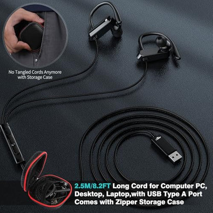 USB Headphone with Over Ear Hook for PC Computer,8.2FT Wired Earbuds with Mute Mic Volume Control,USB A Earphone for Chromebook Laptop,Hifi Stereo Noise Canceling In-Ear Headset for School Office Zoom