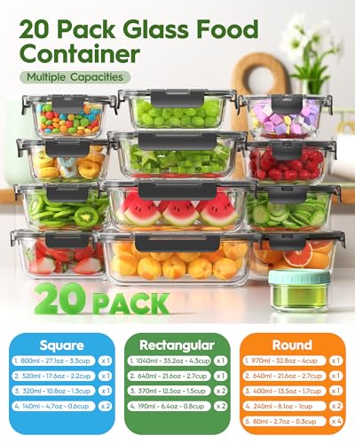 Canfanni 40 Piece Glass Food Storage Containers with Lids, Borosilicate Meal Prep Containers, BPA-Free, Stackable, Airtight Leak-Proof, Microwave, Dishwasher, Freezer Safe (20 lids & 20 Containers)