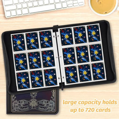 720 Pockets Round Ring Trading Card Binder, 9-Pocket Clear Zipper Card Album with Wrist Strap, Holds 720 Standard TCG Cards Compatible with Sports Baseball Football Game Cards (Black Purple) - color: 9 Pocket 720 MTG Black Purple