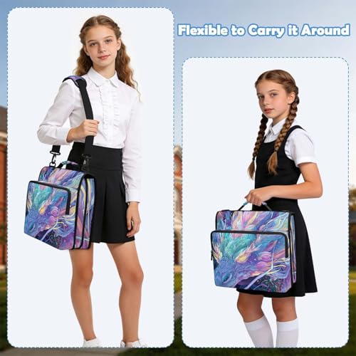 Dragon Head Zipper Binder Bag 3 Ring Binder with Shoulder Strap Zip Multi Pockets Portfolio Bags Capacity Up 500 Sheets for School Office Supplies - color: Glowing Pastel Dragon Head Nebula Artwork