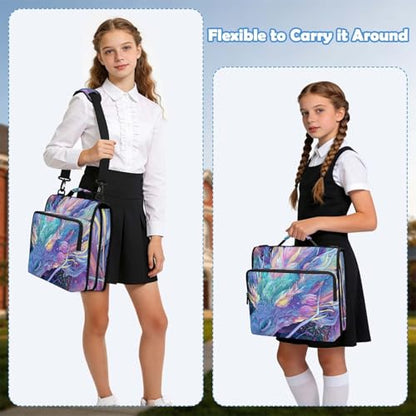 Dragon Head Zipper Binder Bag 3 Ring Binder with Shoulder Strap Zip Multi Pockets Portfolio Bags Capacity Up 500 Sheets for School Office Supplies - color: Glowing Pastel Dragon Head Nebula Artwork