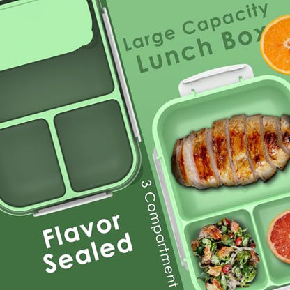WHALEHOUSE Large Capacity Bento Box for Adult, 1700ML 3 Compartments Lunch Box with Utensil, Airtight Food Container with Lids for Meal Prep, Microwave/Dishwasher/Freezer Safe, On the Go (Green) - color: 1700mL-Green