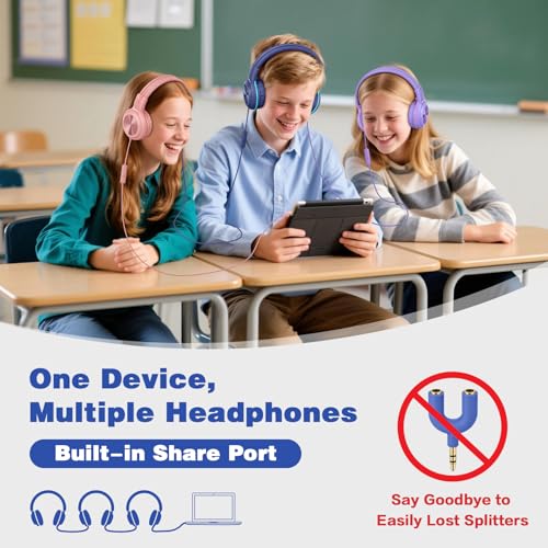 SIMOLIO 2 Pack Wired Headphones with Share Port, Foldable Headset with MIC | Manyshare Series, Durable for Teen Girls Boys, Over Ear Headset w/ Volume Limited for Tablet PC Chromebook School Travel Gift - color: Pink & Navy Blue