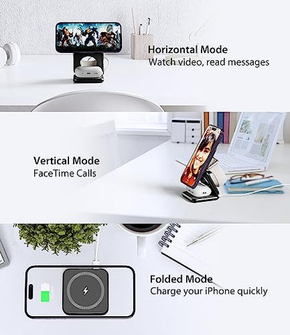 Foldable Magnetic Wireless Charger, KU XIU X40 Aluminum Alloy 3 in 1 Charging Station for Apple, Fast Charging Travel Charger for iPhone 17 16 15 14 13 12, 5W for Apple Watch & AirPods, Black - color: Black