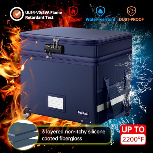 DocSafe File Box with Lock, 2-Layer Fireproof Document Box with Wheels,Collapsible File Storage Organizer with Pockets,Large Portable Office Filing Cabinet Hanging Folders,Blue,16''x13.8''x12.2'' - color: Blue