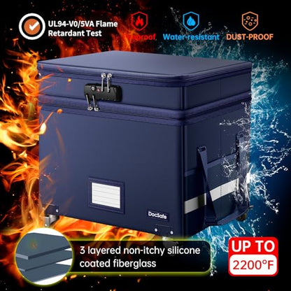 DocSafe File Box with Lock, 2-Layer Fireproof Document Box with Wheels,Collapsible File Storage Organizer with Pockets,Large Portable Office Filing Cabinet Hanging Folders,Blue,16''x13.8''x12.2'' - color: Blue