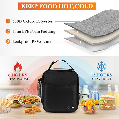 opux Insulated Lunch Bag for Kids Boys Girls, Small Compact Lunch Box with Wide Opening & Mesh Pockets, Reusable Lunch Pail for School, Work, Adults, Men, Women, Teal - color: Black